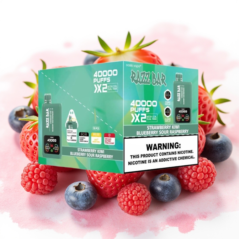 Razz Bar 40000 Puffs Power Skjerm Jordbær Kiwi & Blåbær Sur Bringebær