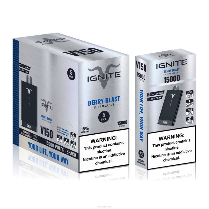 IGNITE V150 vape penn 5-pakning blåbæris 46F682 IGNITE vape norge